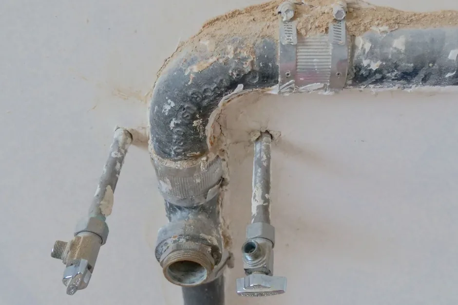 Old galvanised pipework and chrome mini stop taps exposed in an opened wall